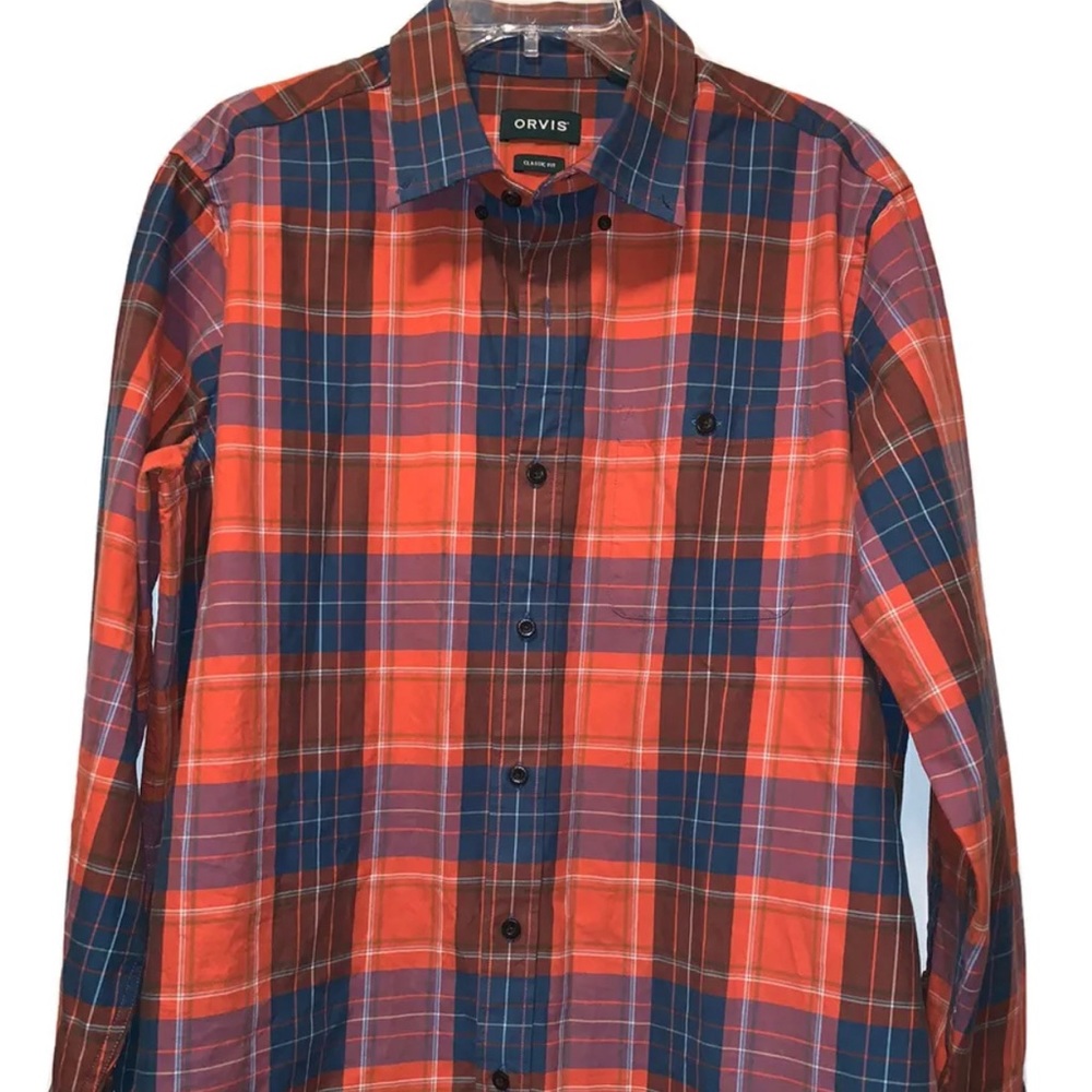 Orvis Shirt Men’s Large Orange Plaid Button Front Long Sleeve Signature Twill